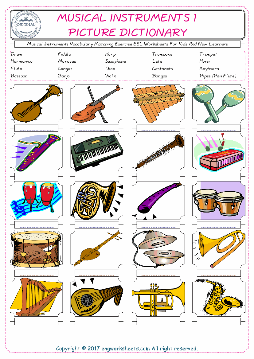  Musical Instruments for Kids ESL Word Matching English Exercise Worksheet. 